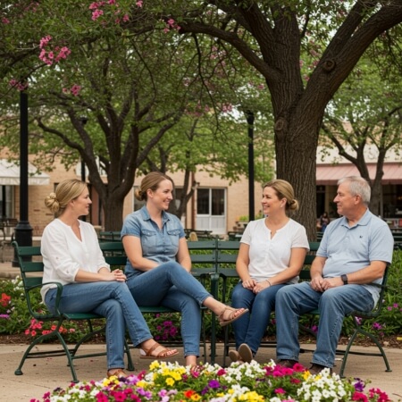 Four people sitting on a bench for Hair loss treatment in Cumings Texas