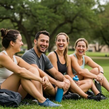 Four people sitting at the park for hair loss treatment in Four Corners, Texas