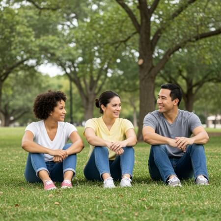 Three adults sitting at the park talking about hair loss treatment in Richmond, Texas
