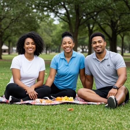 Three adults at the park meeting for hair loss treatment in Sugarland, Texas