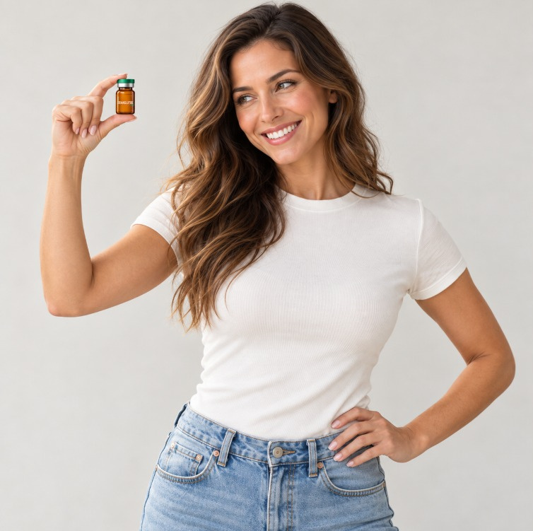 Smiling woman holding a Green Cap treatment vial